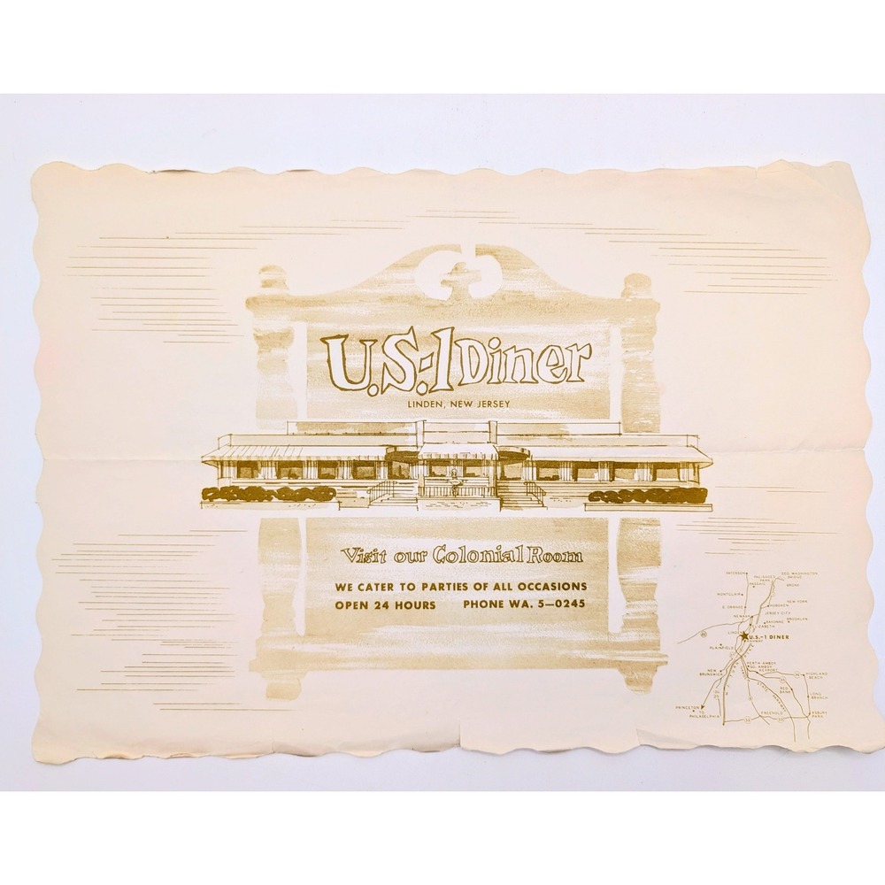 Vintage US 1 Diner Linden New Jersey Paper Placemat Restaurant Ephemera Map NJ